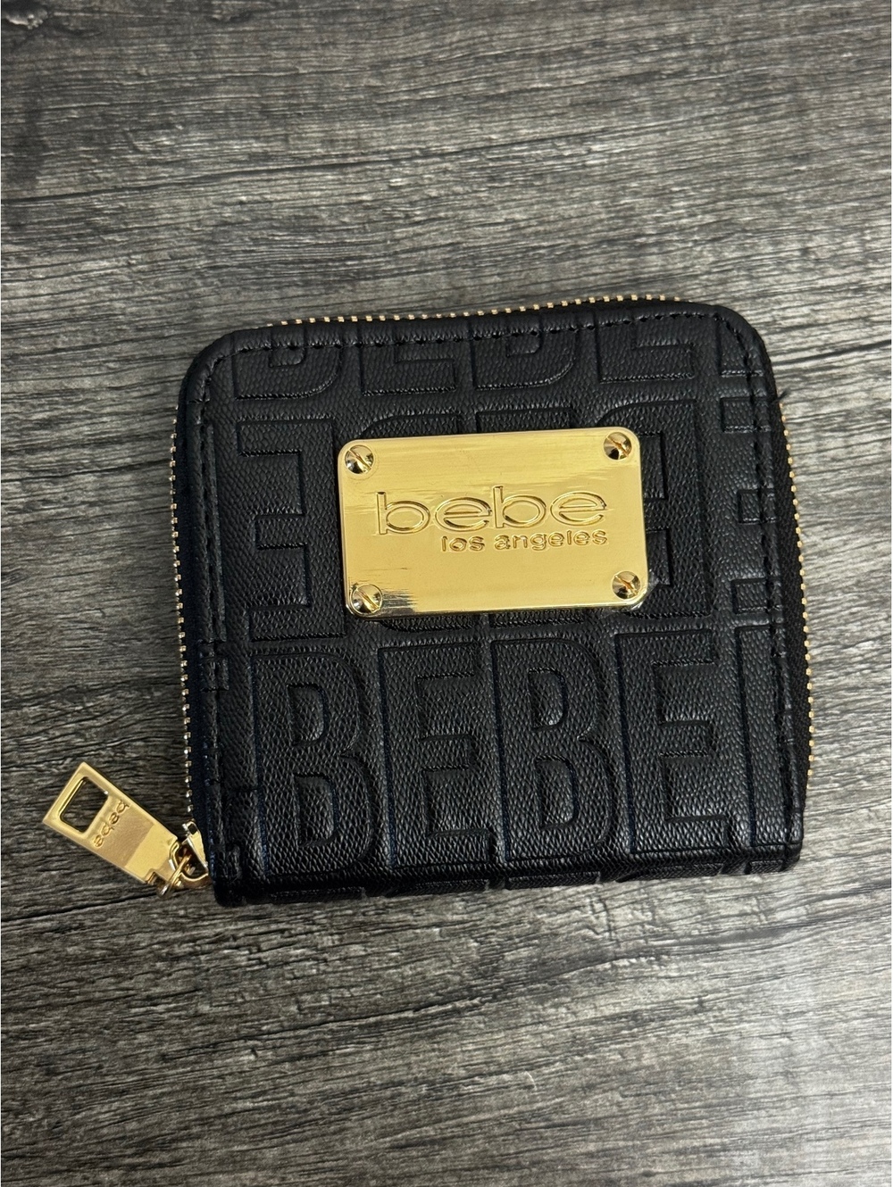 Bebe Los Angeles Black Embossed Logo Zip Around Wallet Gold Tone Hardware